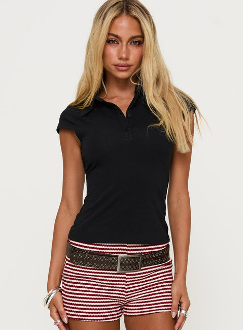 front view of model wearing Princess Polly Prodigy Collared Polo Top Black Short Sleeves V-Neck 