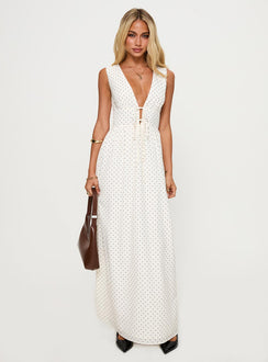 side view of model wearing Princess Polly Pokey Maxi Dress Cream / Polka Dot Plunger 