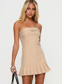 back view of model wearing Princess Polly Sesamie Belted Mini Dress Beige Straight Neck 