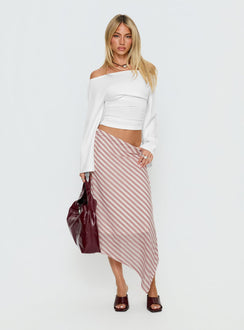   side view of model wearing Princess Polly Gwenora Asymmetrical Midi Skirt Pink Stripe Midi Skirts Skirts 