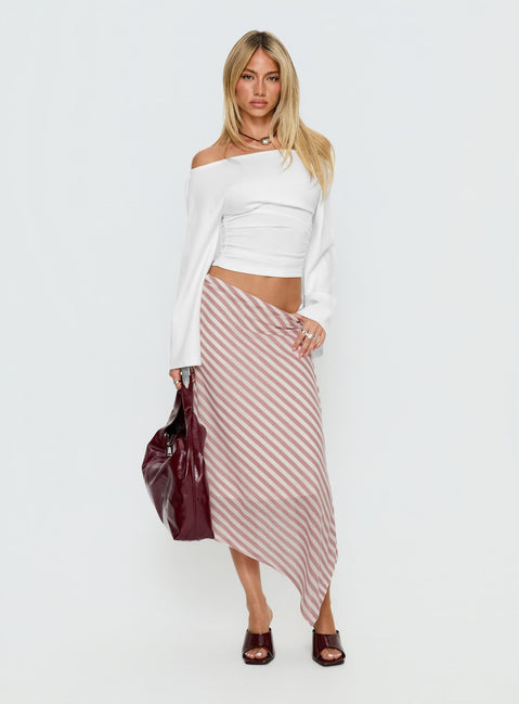   side view of model wearing Princess Polly Gwenora Asymmetrical Midi Skirt Pink Stripe Midi Skirts Skirts 