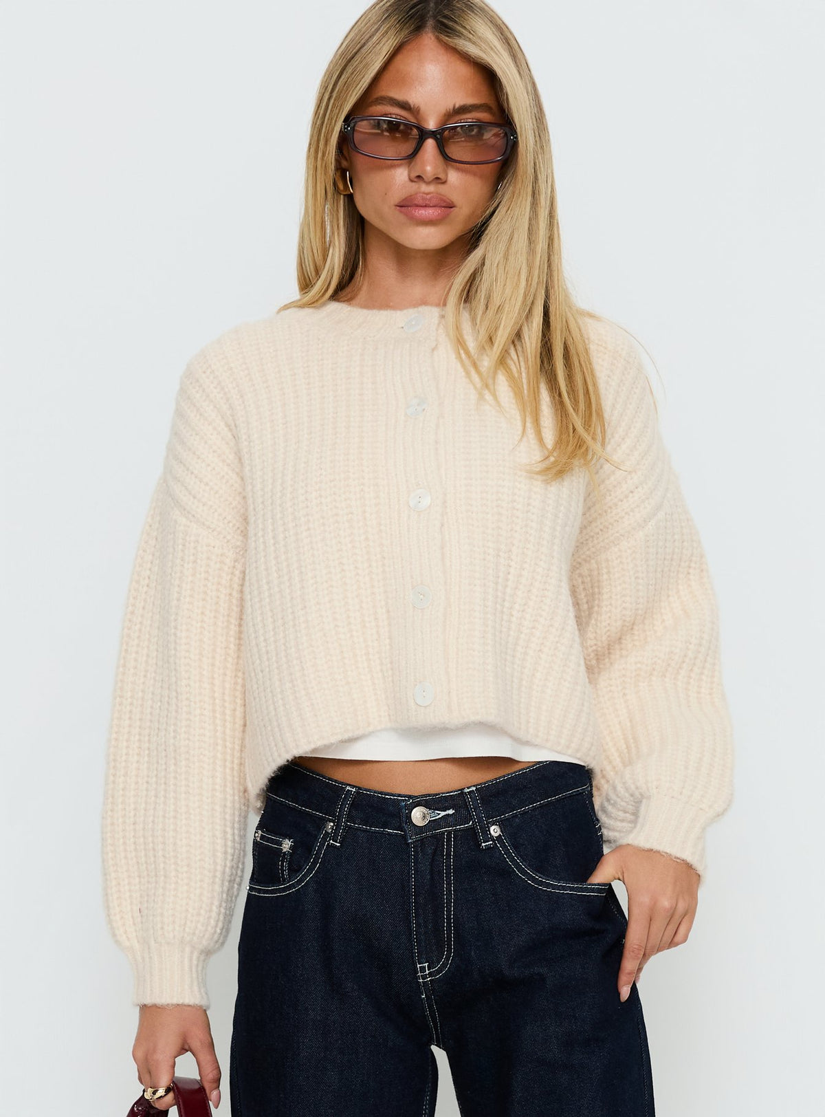 front view of model wearing Princess Polly Hadly Knit Cardigan Cream Cropped Jumpers Jumpers 
