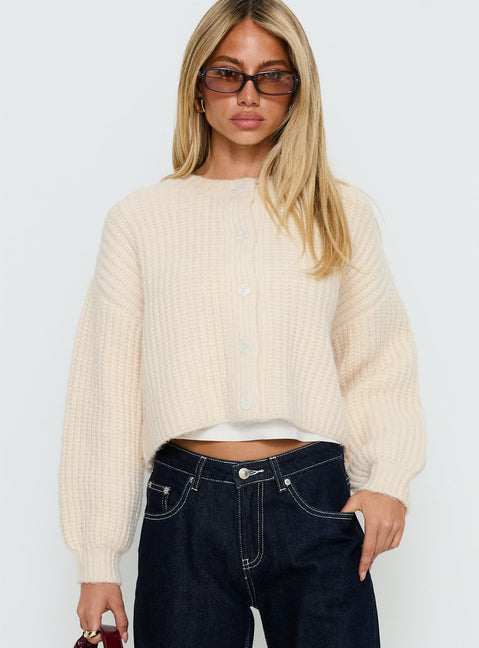 front view of model wearing Princess Polly Hadly Knit Cardigan Cream Cropped Jumpers Jumpers 