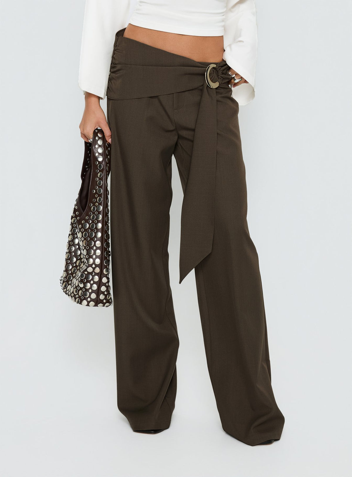 back view of model wearing Princess Polly Elisson Layered Buckle Pants Grey Mid Rise Pants Pants 
