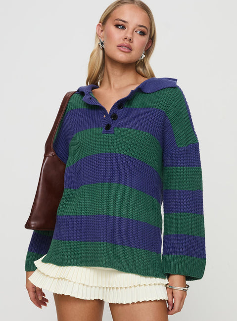front view of model wearing Princess Polly Olivah Jumper Blue / Green Longline Jumpers Jumpers 