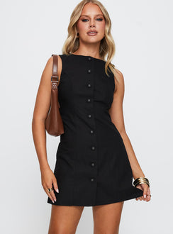 front view of model wearing Princess Polly Common Sense Mini Dress Black Crew Neck 