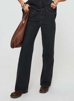 side view of model wearing Princess Polly Top Model Low Rise Straight Leg Jeans Charcoal High Rise Jeans Jeans 