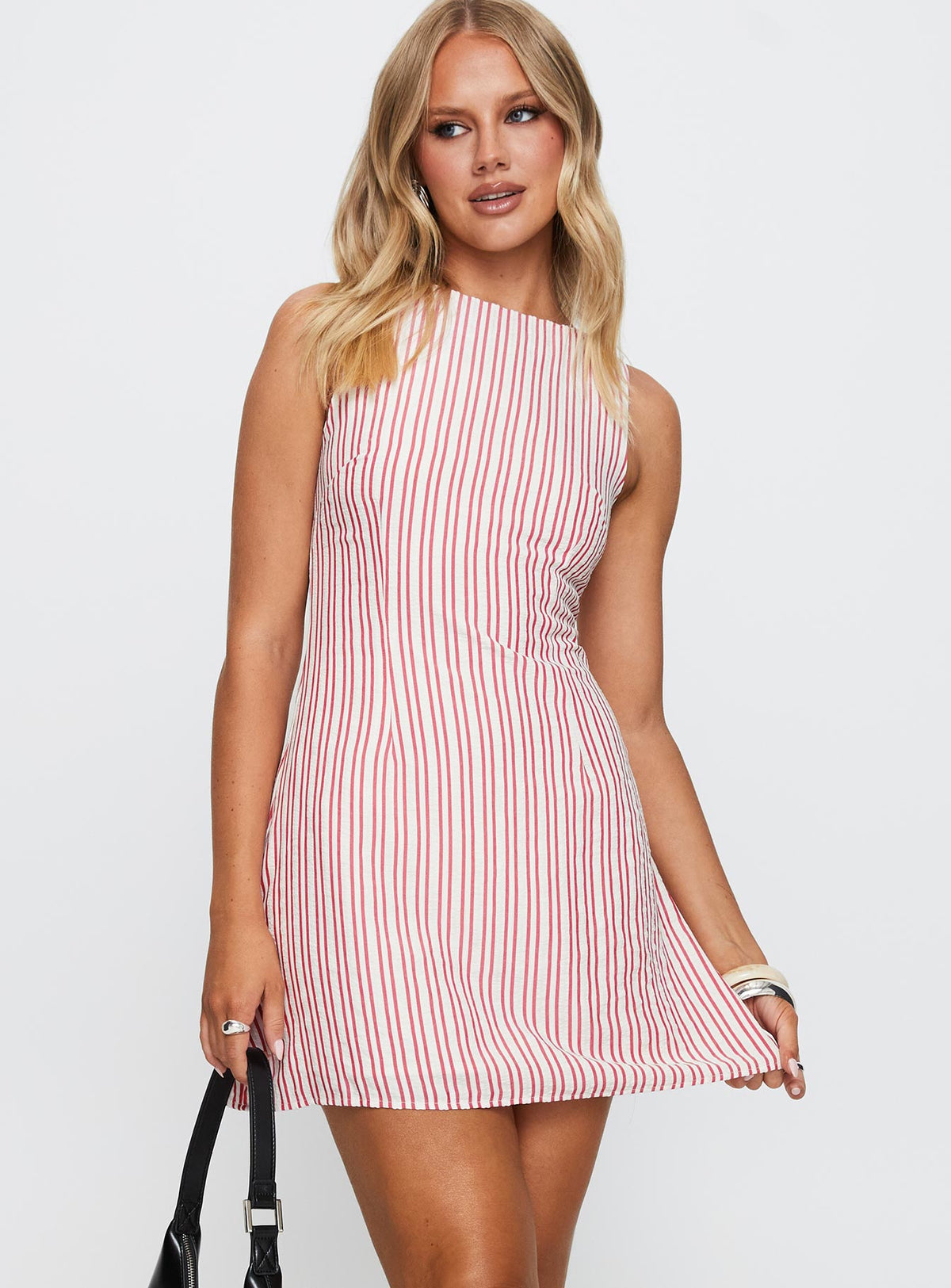 back view of model wearing Princess Polly Alfalfa Shift Mini Dress Red Stripe Boat Neck 