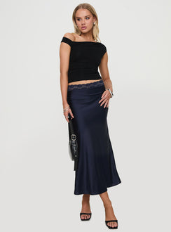  front view of model wearing Princess Polly The Charmaine Maxi Skirt Navy Midi Skirts Skirts 