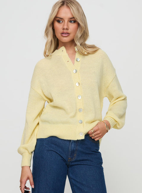 front view of model wearing Princess Polly Sunbeam Cardigan Yellow Longline Jumpers Jumpers 