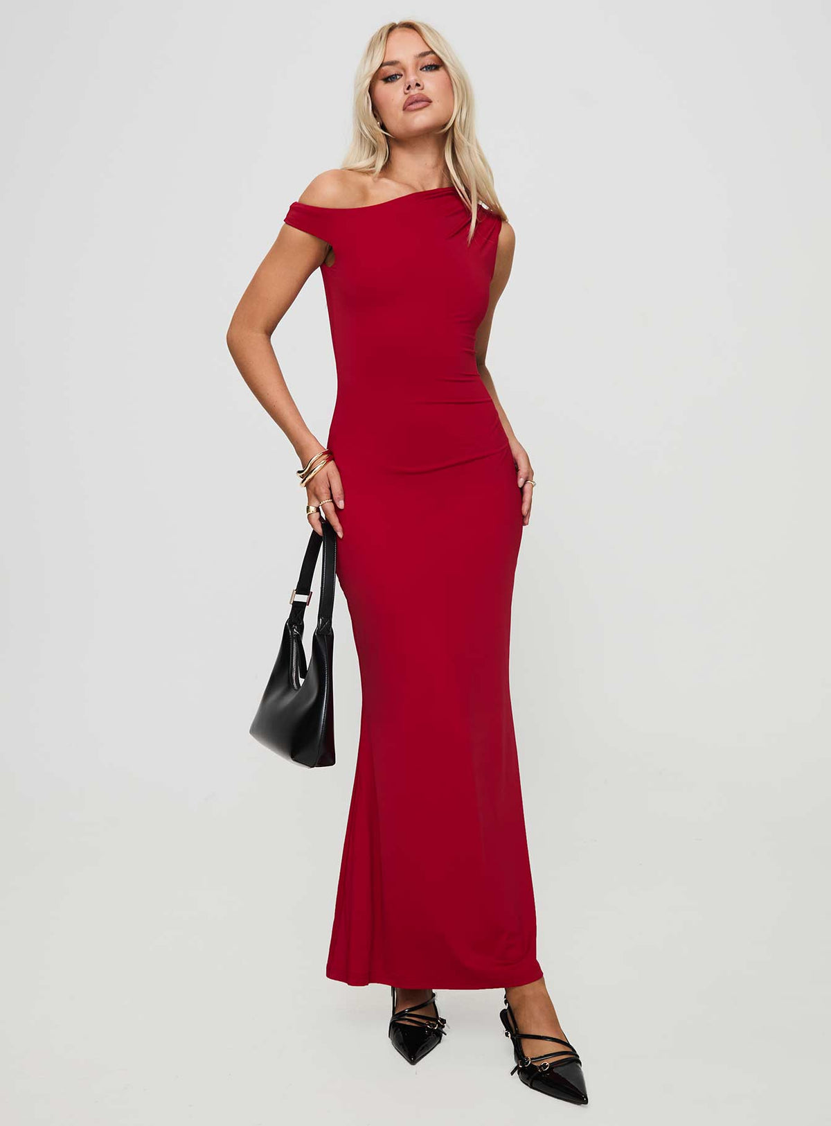 front view of model wearing Princess Polly Beller Maxi Dress Red Asymmetric Neckline 