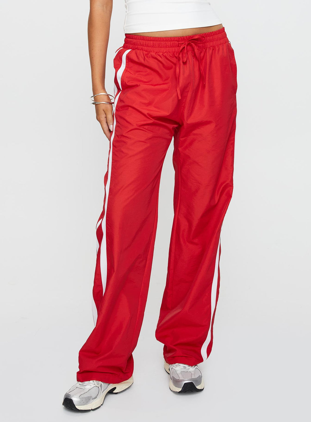 back view of model wearing Princess Polly Keli Track Pants Red / White High Rise Pants Pants 
