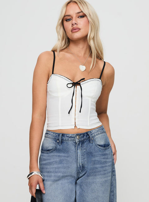 front view of model wearing Princess Polly Severas Top White Sleeveless Sweetheart 