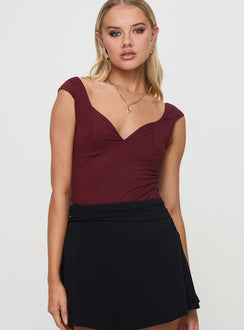 front view of model wearing Princess Polly Zenon Bodysuit Wine Sleeveless Bodysuit 