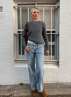 front view of model wearing Princess Polly Serenitia Mid Rise Relaxed Jeans Light Wash Tall Mid Rise 