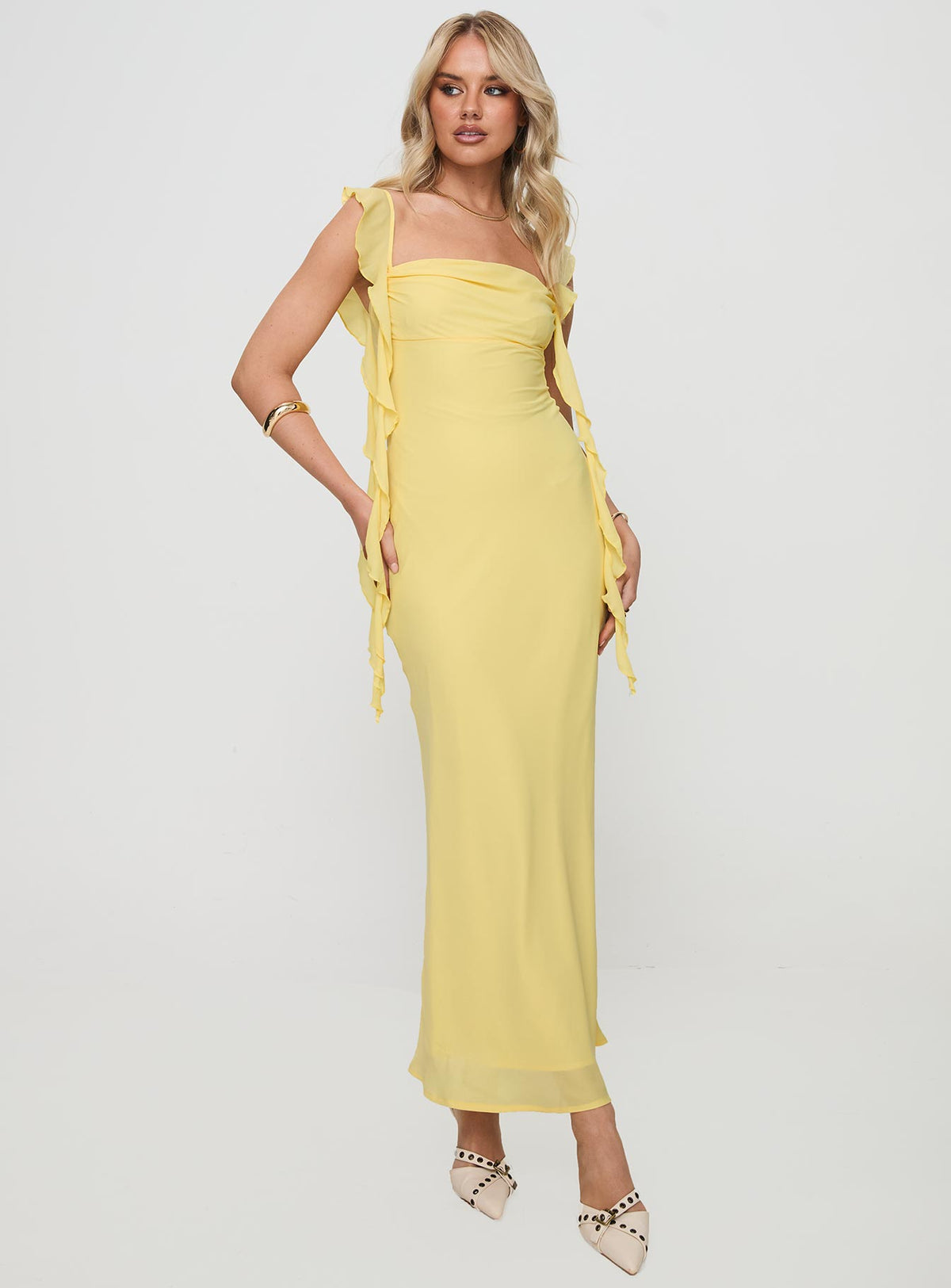 front view of model wearing Princess Polly Lanai Maxi Dress Lemon Square Neck 