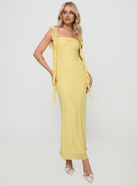 front view of model wearing Princess Polly Lanai Maxi Dress Lemon Square Neck 