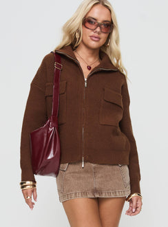 front view of model wearing Princess Polly Too Busy Zip Up Sweater Chocolate Cropped Jumpers Jumpers 