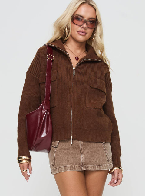 front view of model wearing Princess Polly Too Busy Zip Up Sweater Chocolate Cropped Jumpers Jumpers 