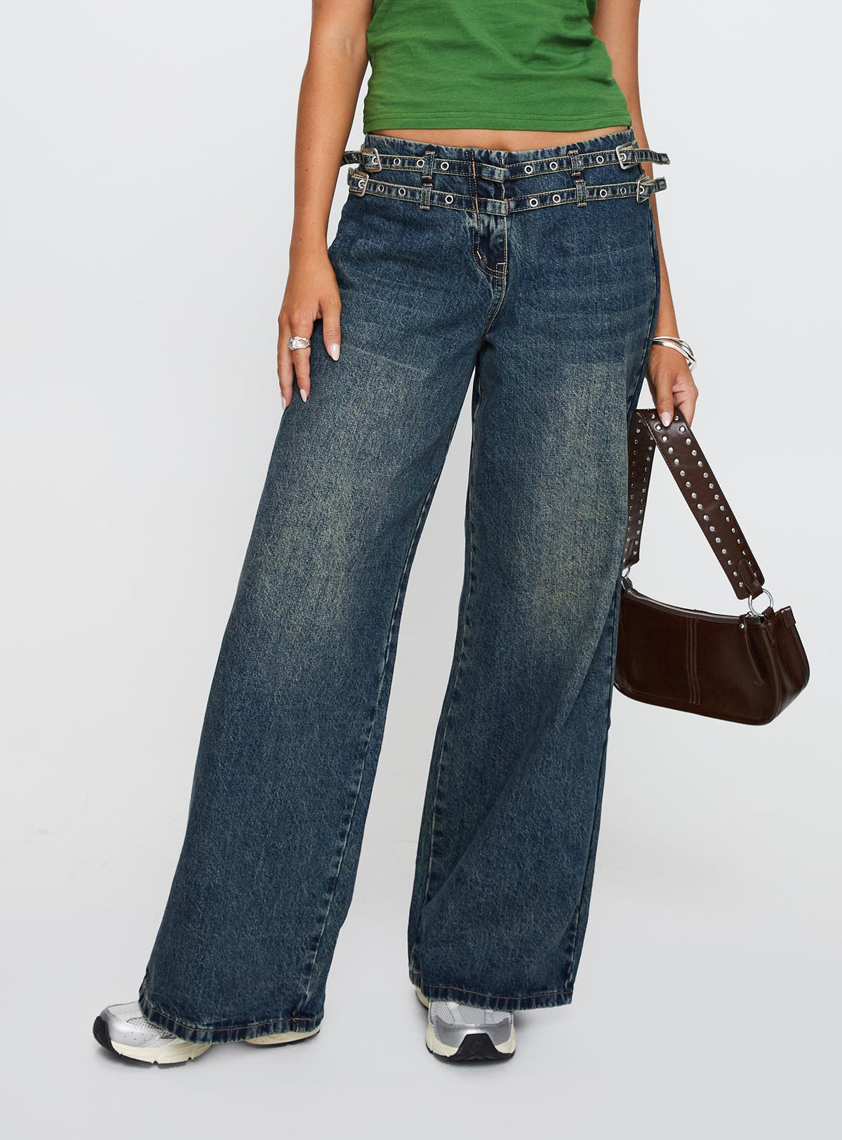 back view of model wearing Princess Polly Baccarat Belted Denim Pant Dark Blue Low Rise Jeans 