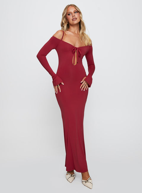 front view of model wearing Princess Polly Lucillea Long Sleeve Maxi Dress Red V-Neck 