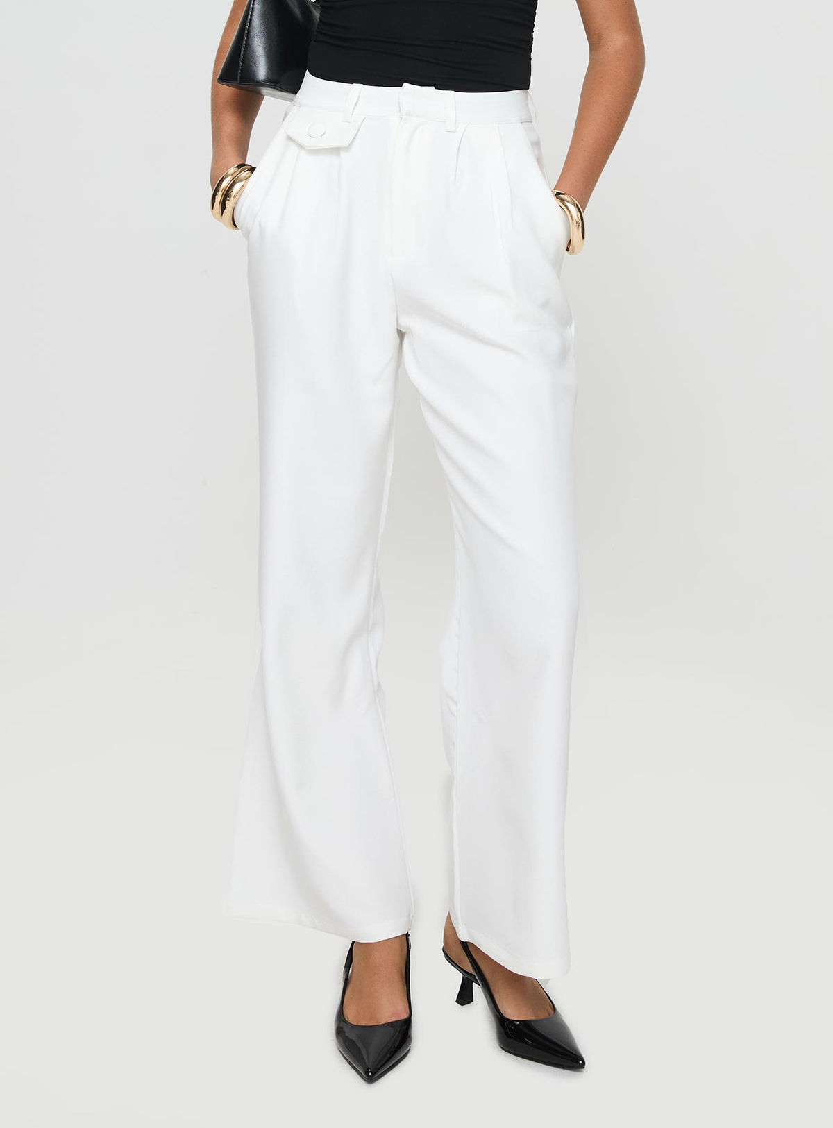 back view of model wearing Princess Polly Jazzar Pocket Detail Pleated Pant White Petite High Rise Pants Pants 