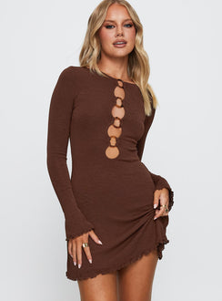 front view of model wearing Princess Polly Dejonge Ring Mini Dress Brown Crew Neck 