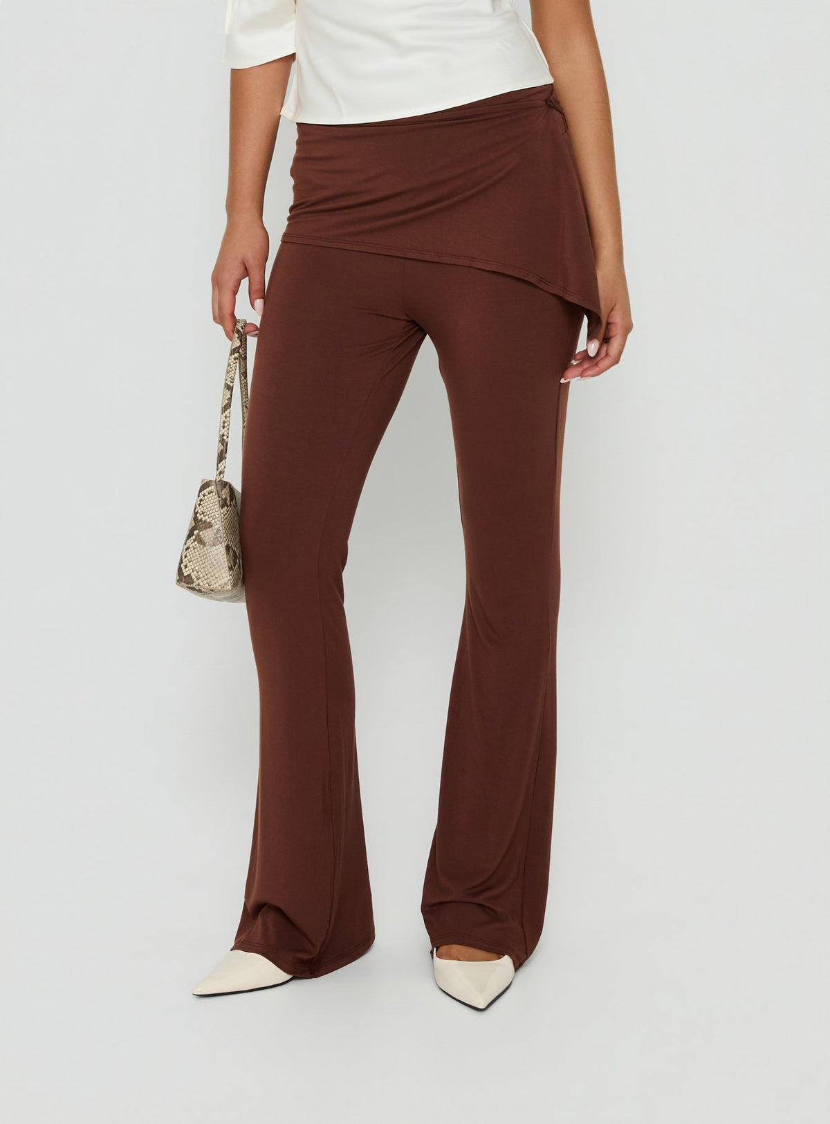 Showcasing Masimo Layered Pants Chocolate in womens regular pants with high-rise wide-leg design detail Princess Polly