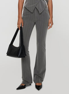 side view of model wearing Princess Polly Calexico Buckle Pant Grey Pinstripe High Rise Pants Pants 