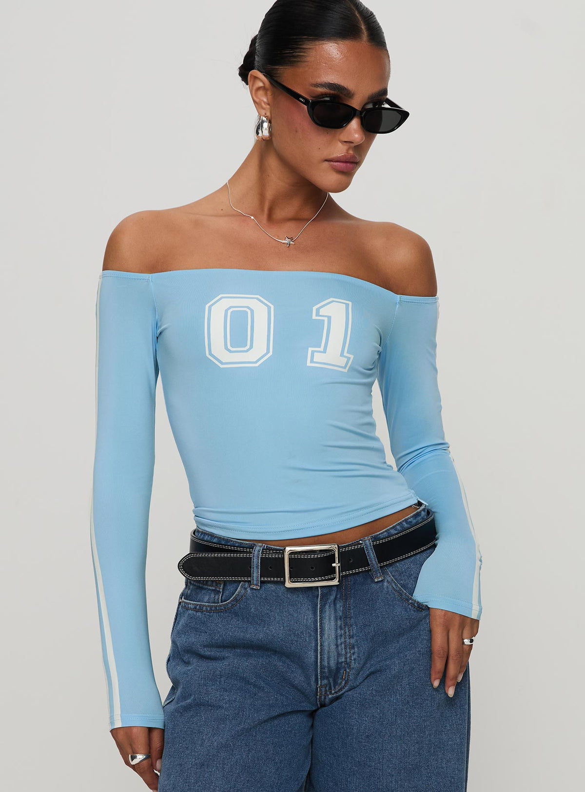 front view of model wearing Princess Polly One And Only Long Sleeve Top Blue Full Sleeves straight 
