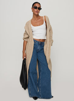 front view of model wearing Princess Polly Orkid Cable Knit Cardigan Beige Longline Jumpers Jumpers 