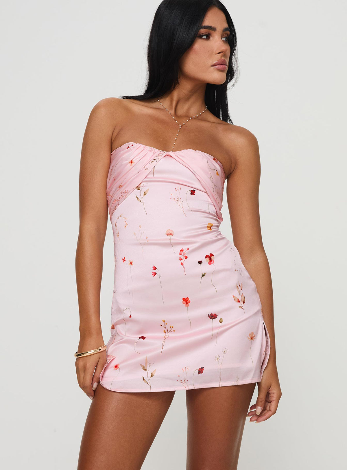 front view of model wearing Princess Polly Irena Strapless Mini Dress Pink Floral Sweetheart Neckline 