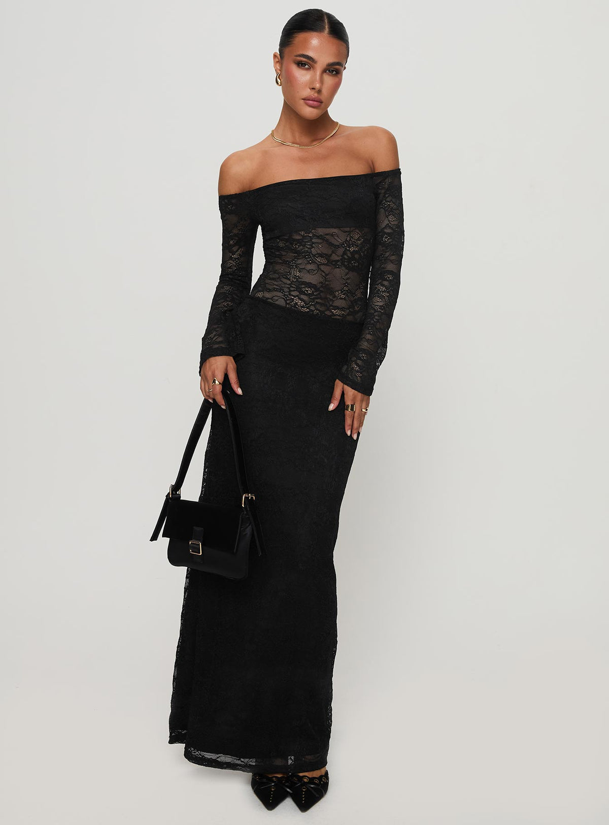 side view of model wearing Princess Polly Pinot Grigio Long Sleeve Lace Maxi Dress Black Straight Neck 