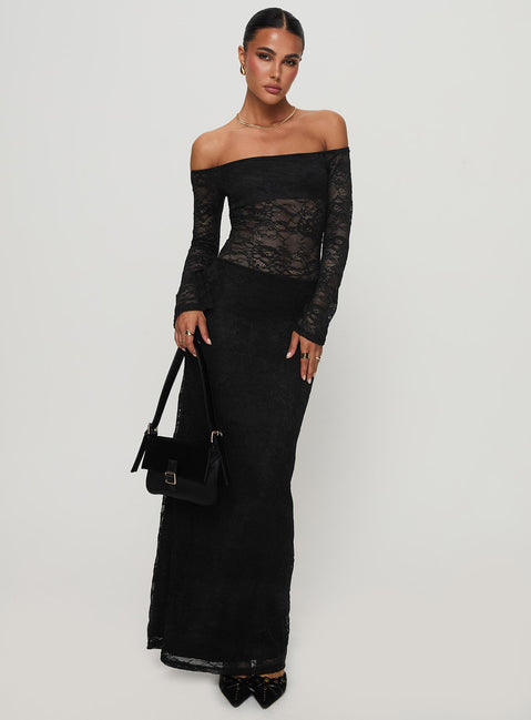 side view of model wearing Princess Polly Pinot Grigio Long Sleeve Lace Maxi Dress Black Straight Neck 