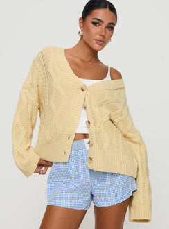 front view of model wearing Princess Polly Daxtan Cable Cardigan Lemon Cropped Jumpers Jumpers 