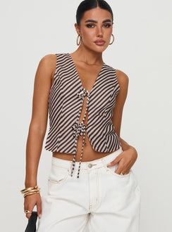front view of model wearing Princess Polly Lishar Top Brown Stripe Sleeveless V-Neck 