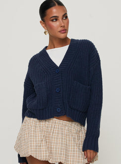 front view of model wearing Princess Polly Osias Cable Knit Cardigan Navy Cropped Jumpers Jumpers 