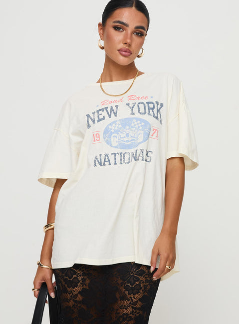 front view of model wearing Princess Polly Road Race Nationals Tee White Half Sleeves Crew Neck 