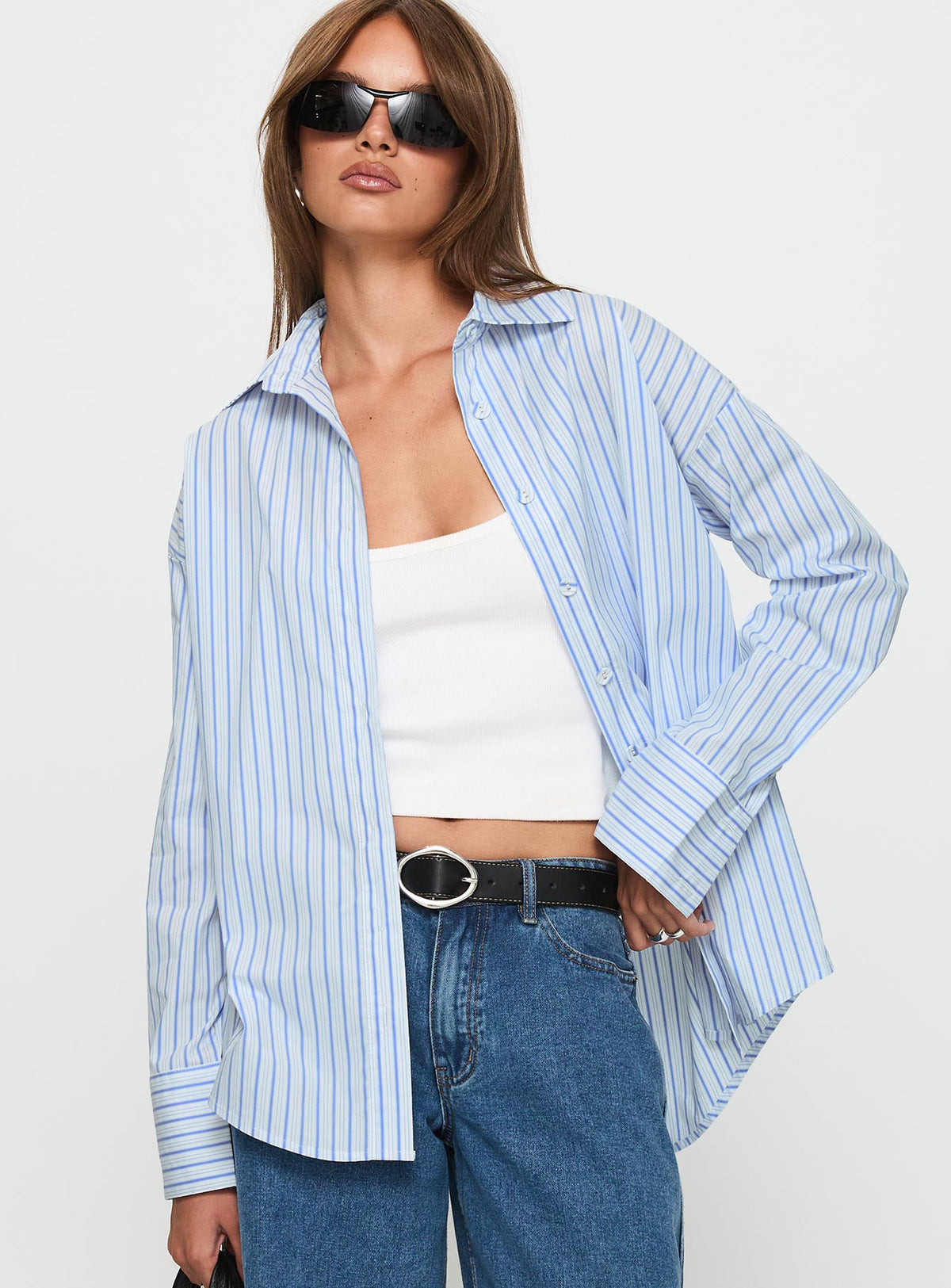 front view of model wearing Princess Polly Mallin Shirt Blue / White Stripe Full Sleeves V-Neck 