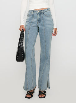 side view of model wearing Princess Polly White Mustang Mid Rise Straight Leg Jean Light Blue Mid Rise Jeans Jeans 