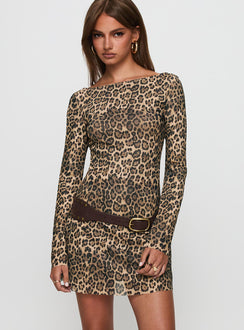 back view of model wearing Princess Polly Lukea Long Sleeve Mini Dress Leopard Boat Neck 