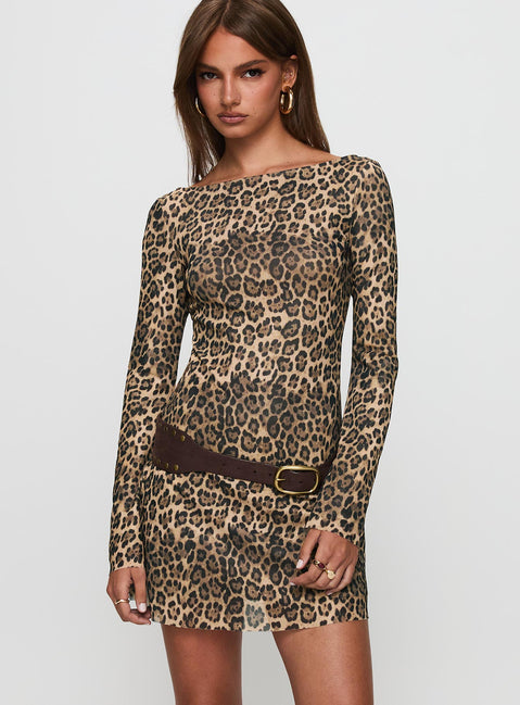 back view of model wearing Princess Polly Lukea Long Sleeve Mini Dress Leopard Boat Neck 