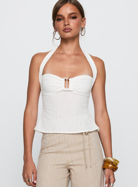 front view of model wearing Princess Polly Isabetta Halter Top White Sleeveless Sweetheart 