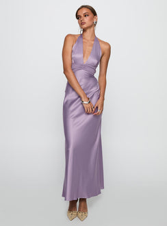 front view of model wearing Princess Polly Rousseau Halter Maxi Dress Mauve Plunger 