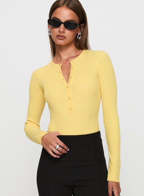 front view of model wearing Princess Polly Kerra Long Sleeve Bodysuit Lemon Long Sleeve Tops Bodysuit 