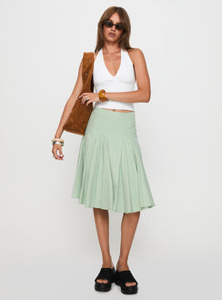   front view of model wearing Princess Polly Evangaleine Pleat Midi Skirt Green / White Midi Skirts Skirts 