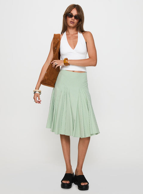   front view of model wearing Princess Polly Evangaleine Pleat Midi Skirt Green / White Midi Skirts Skirts 