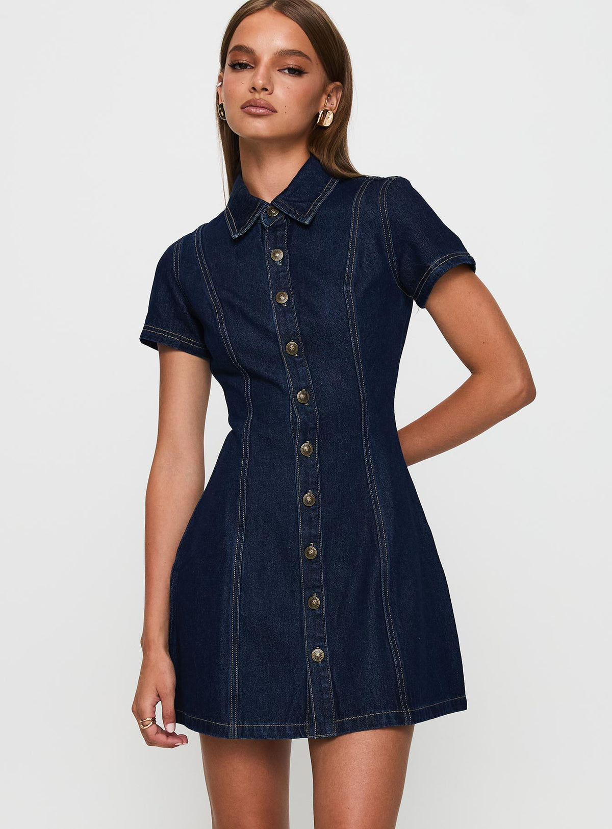 front view of model wearing Princess Polly Perception Denim Mini Dress Mid Wash High Neck 