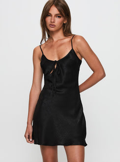 front view of model wearing Princess Polly Linger Bias Cut Dress Black V-Neck 