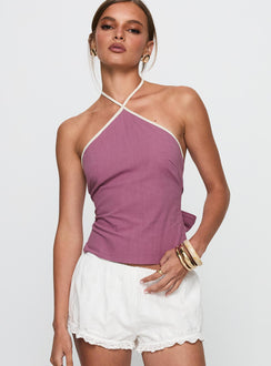 front view of model wearing Princess Polly Carmelah Top Purple / White Sleeveless Asymmetric Neckline 